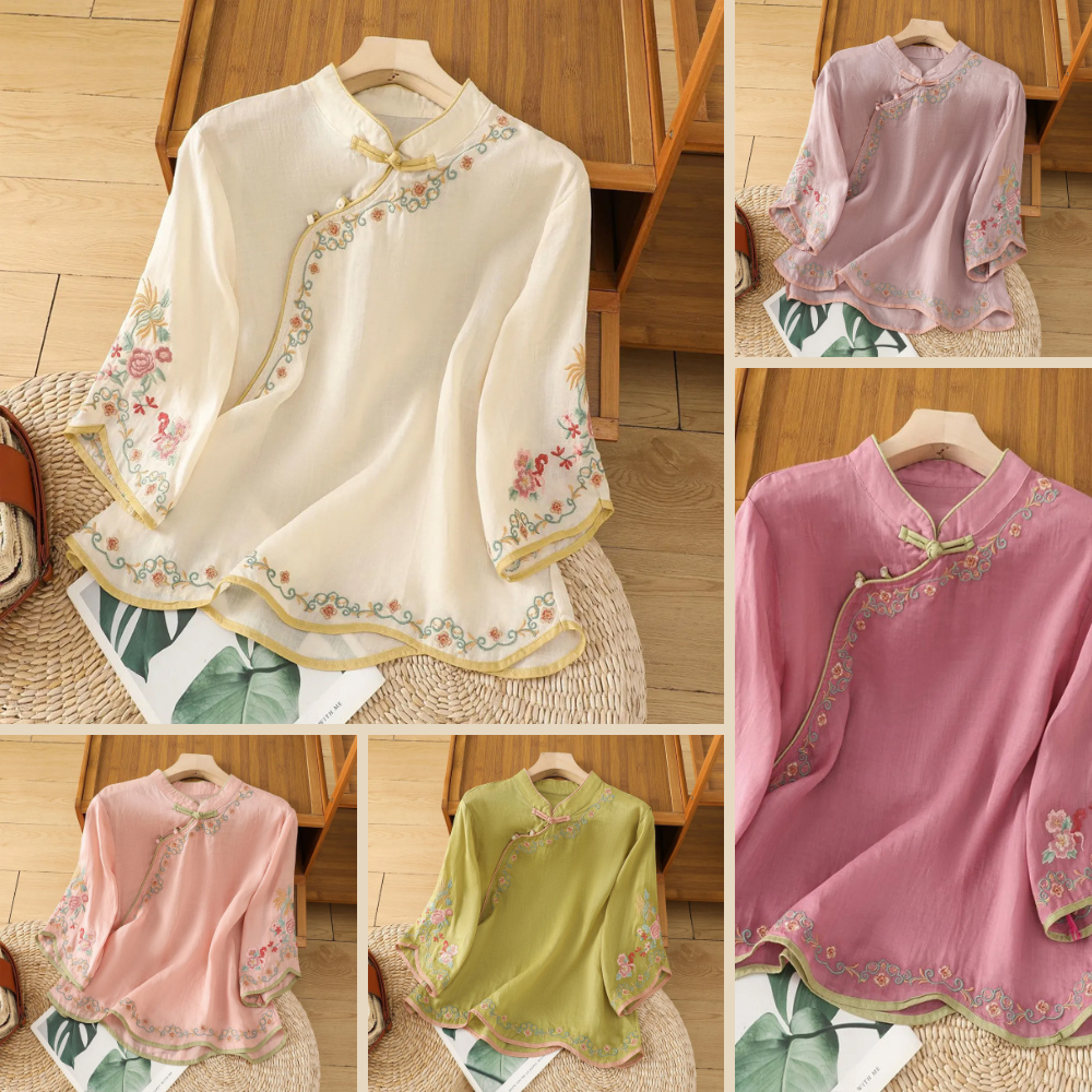 Mei™ | Bestickte Baumwoll-Leinen-Bluse