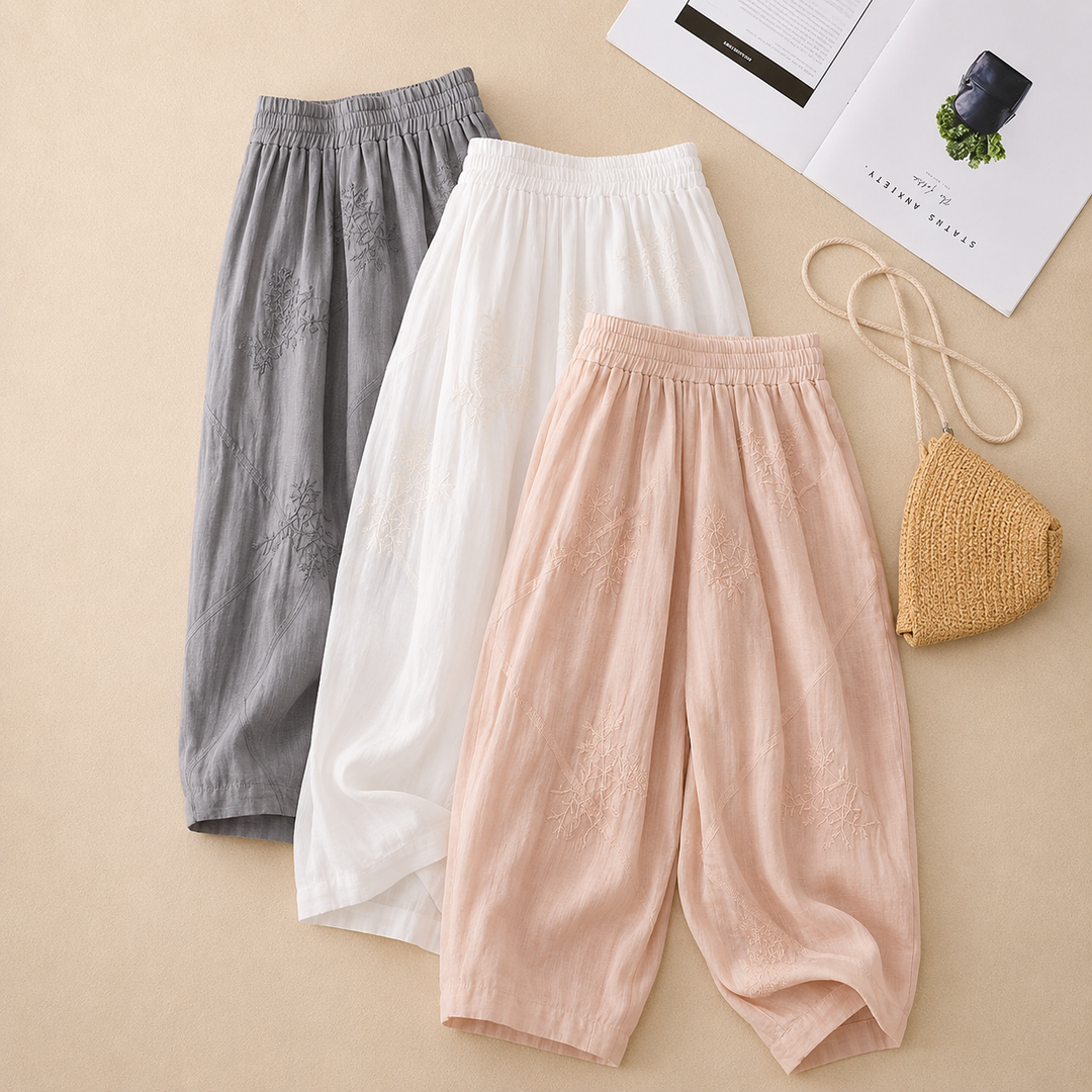 Elara™ | Bestickte Baumwoll-Leinenhose