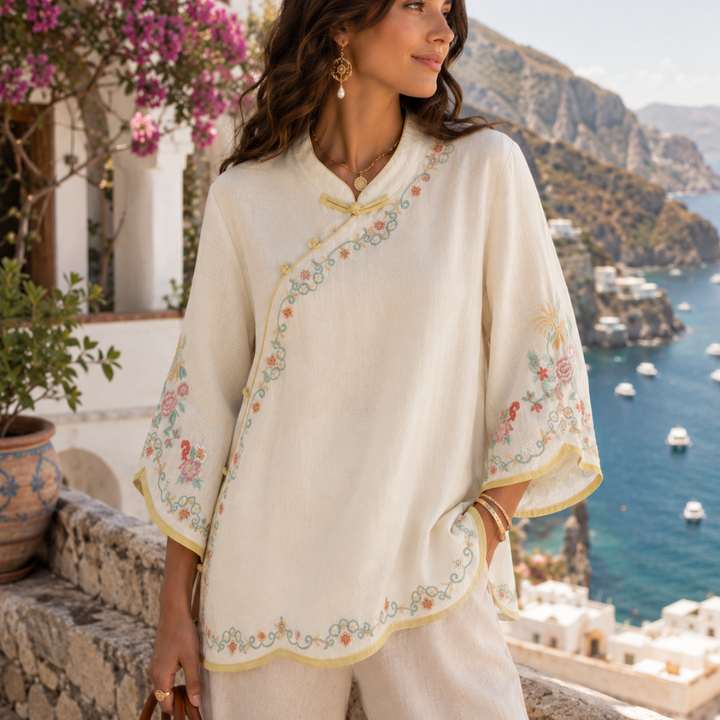 Mei™ | Bestickte Baumwoll-Leinen-Bluse