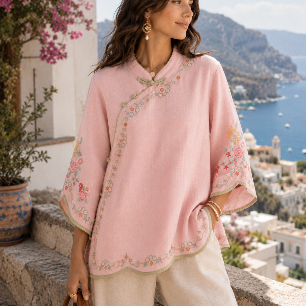 Mei™ | Bestickte Baumwoll-Leinen-Bluse