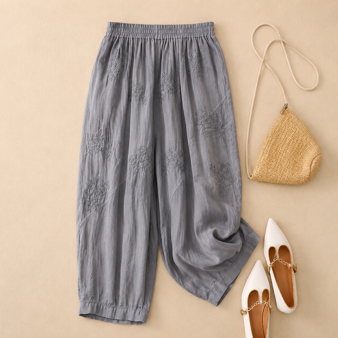 Elara™ | Bestickte Baumwoll-Leinenhose