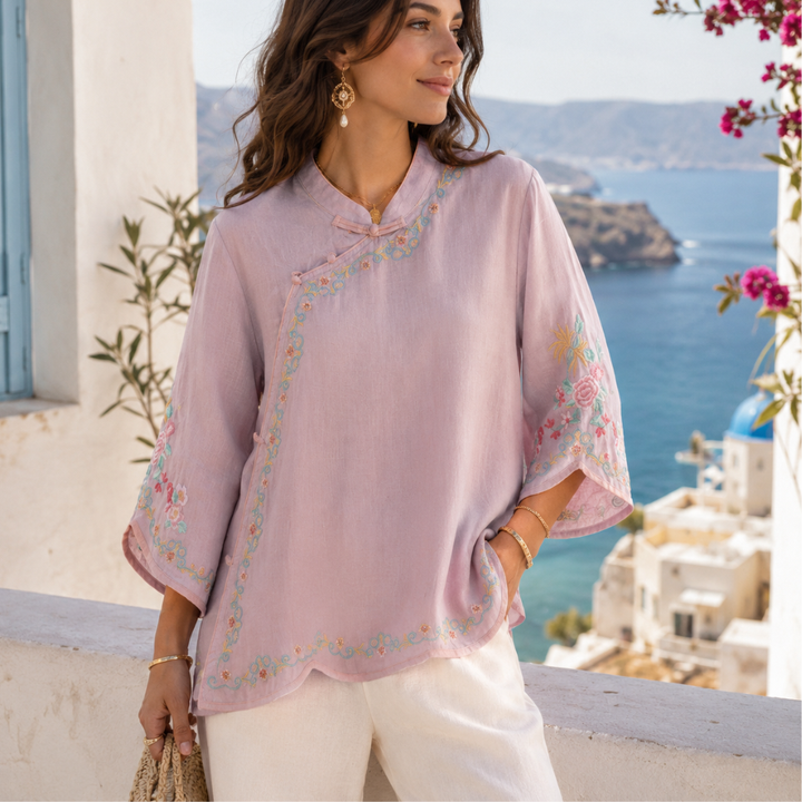 Mei™ | Bestickte Baumwoll-Leinen-Bluse