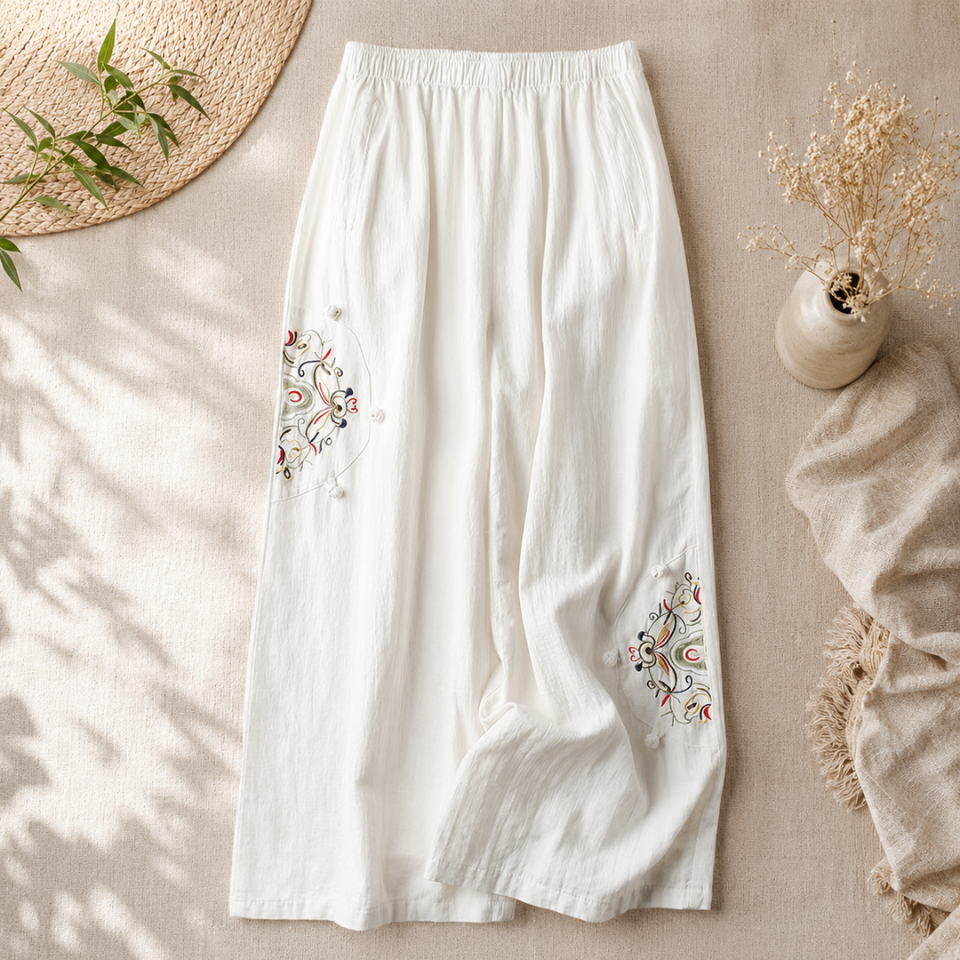 Lara™ | Bestickte Baumwollhose mit weitem Bein