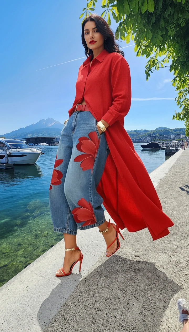 Esmeralda | Leinenkleid & Florales Denim-Set