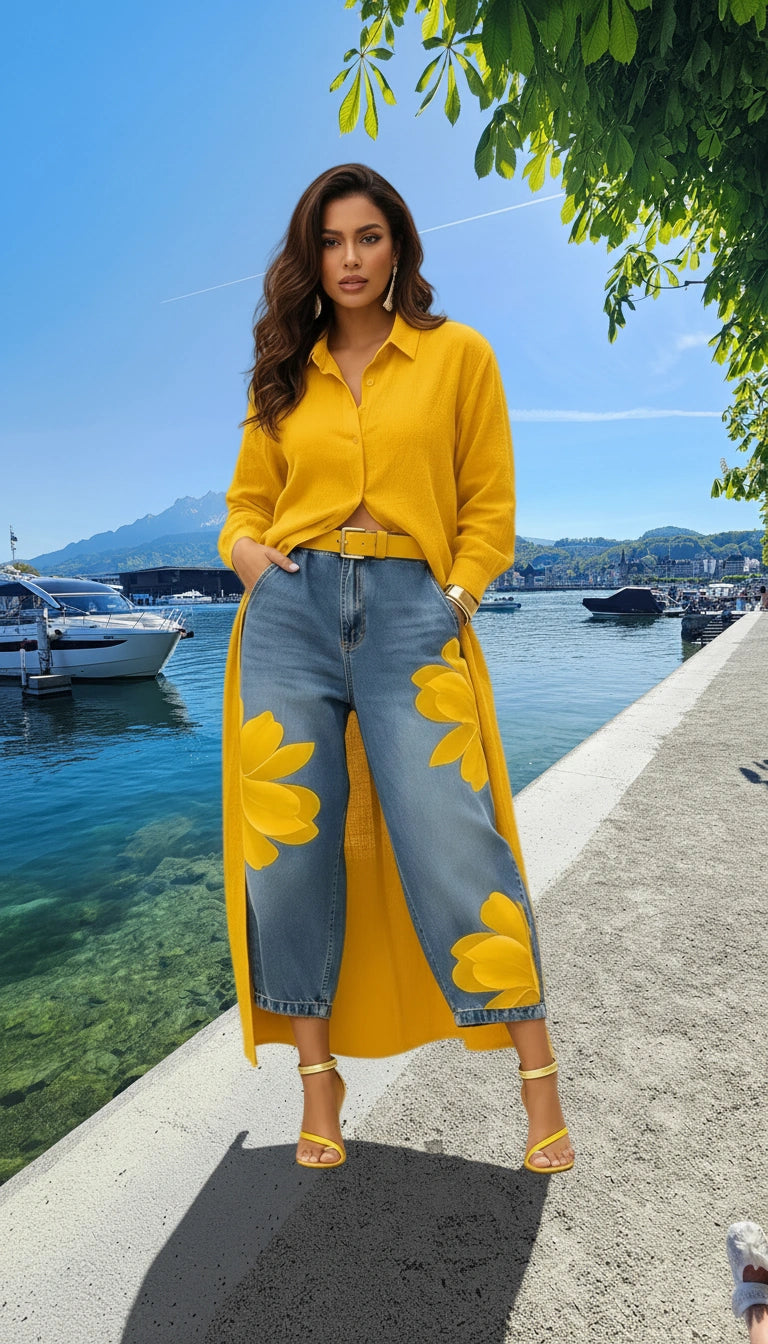 Esmeralda | Leinenkleid & Florales Denim-Set