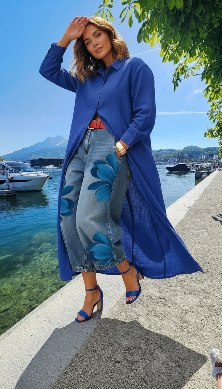 Esmeralda | Leinenkleid & Florales Denim-Set