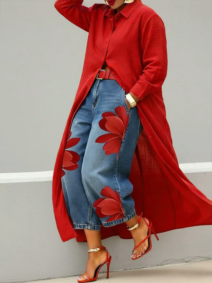 Esmeralda | Leinenkleid & Florales Denim-Set