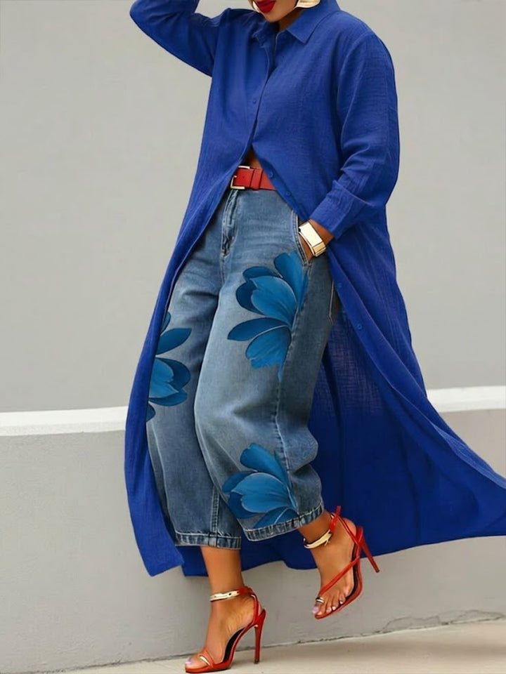 Esmeralda | Leinenkleid & Florales Denim-Set