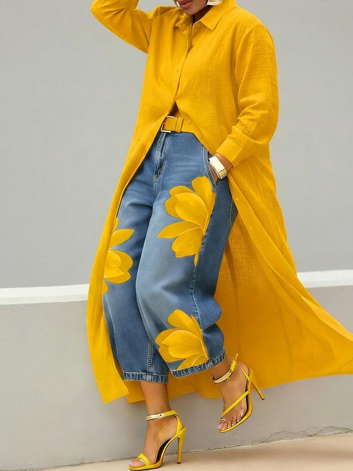 Esmeralda | Leinenkleid & Florales Denim-Set